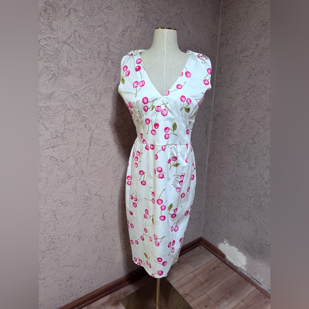 Bettie Page Pink and White Sheath Dress V-Neck Cap Sleeve Midi